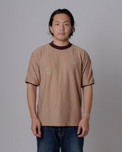 Load image into Gallery viewer, BROWN PINSTRIPE CROCHET-TRIMMED T-SHIRT
